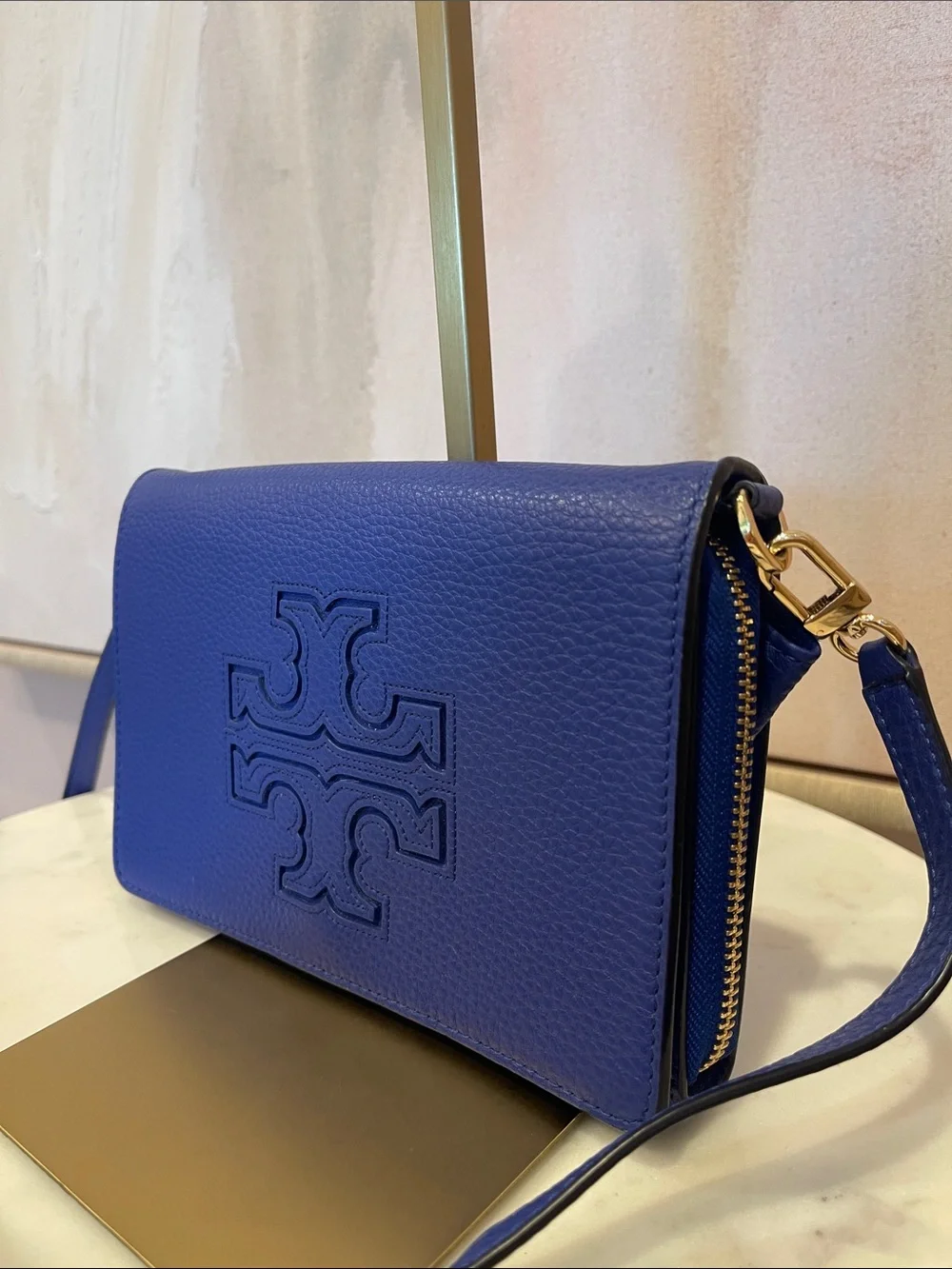 Tory Burch Pebbled Leather Crossbody in Royal Blue with Gold Hardware